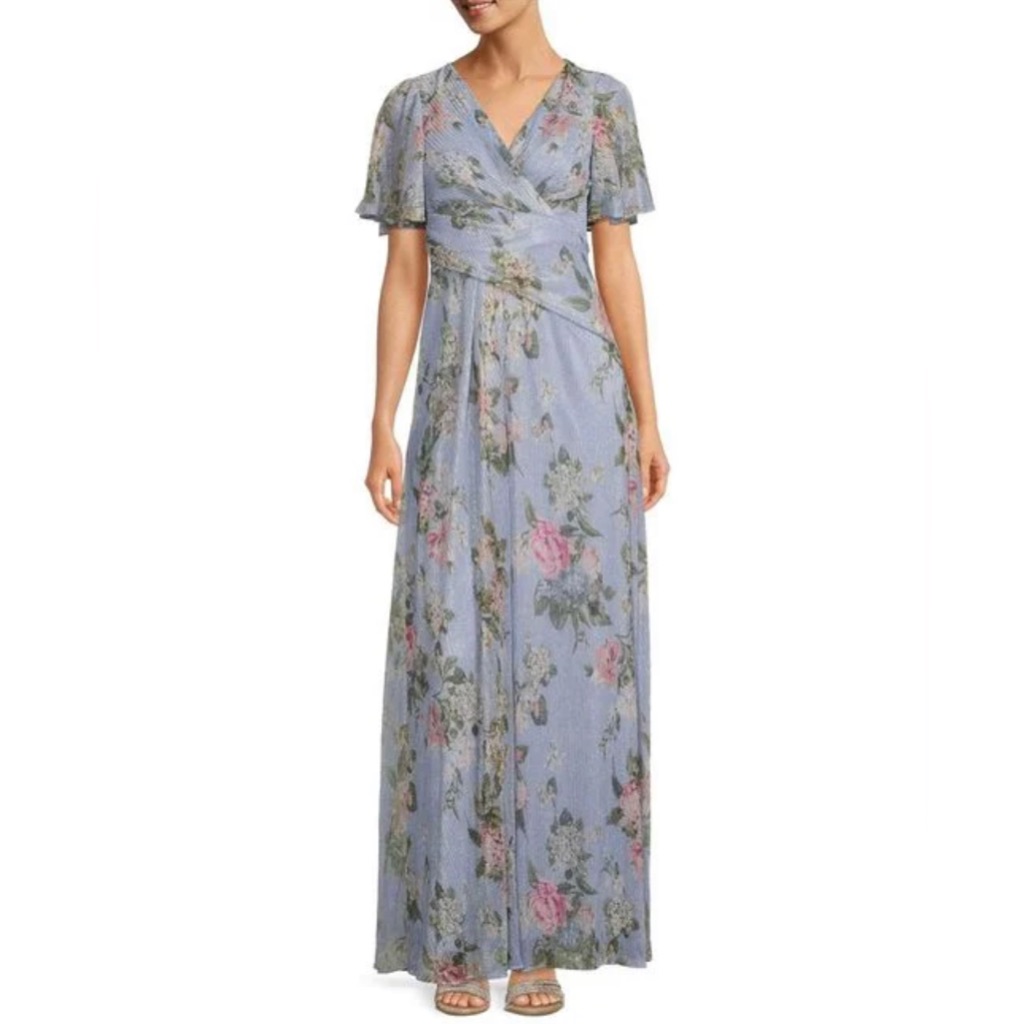 Adrianna Papell Nwt Women's Blue Short Sleeve V Neck Maxi Dress